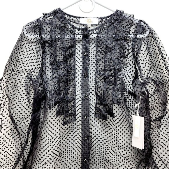 Sheer Black Polka Dot Long Sleeve Blouse With Ruffle Detail Size M - Picture 4 of 9